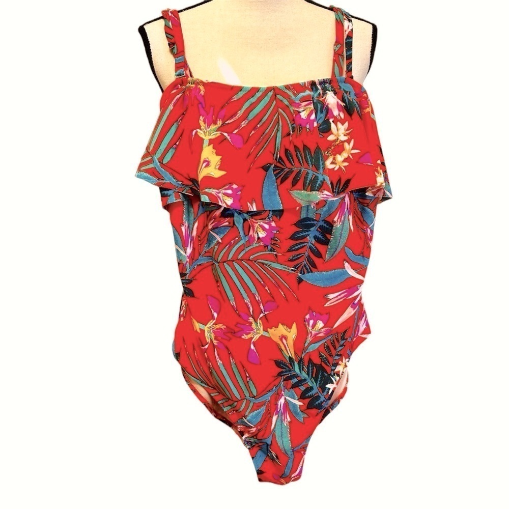 Old Navy Swimsuit Coral Orange Red Tropical Floral Ruffled One Piece size XL